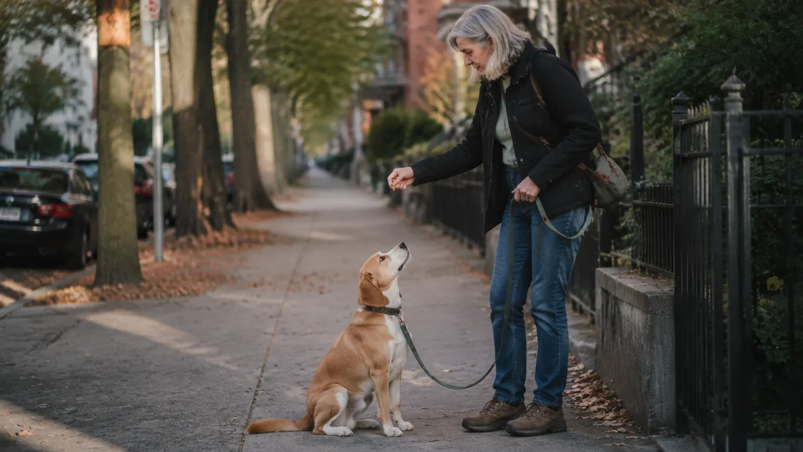 Dog sitting calmly and looking up at owner during a walk, owner's hand lowering a treat