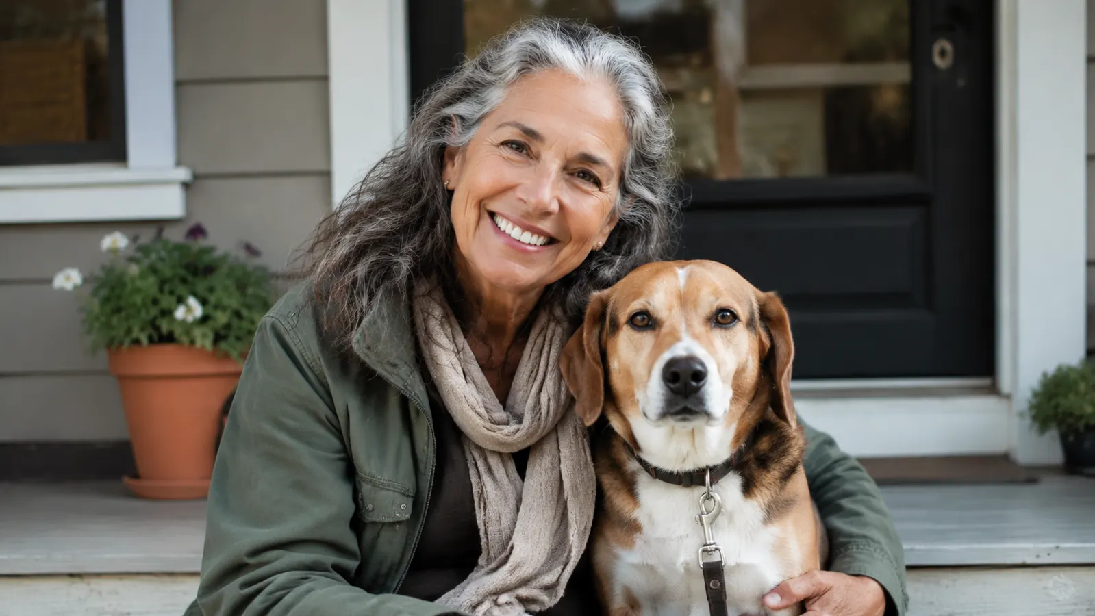 Woman and dog sitting together on porch steps after a morning walk, relaxed and happy