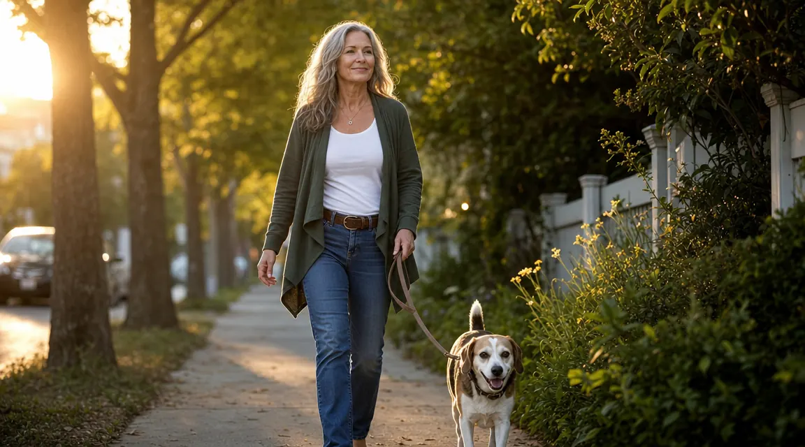 Woman walking a Beagle mix on a loose leash down a quiet suburban sidewalk at sunrise