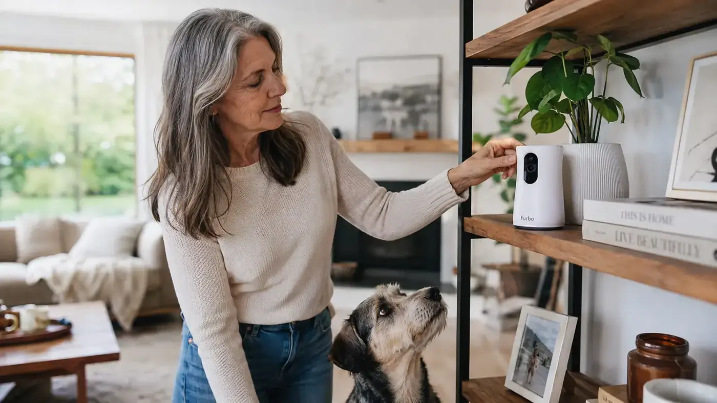Furbo Mini 360 pet camera on a shelf with a dog looking up at the lens from the floor below