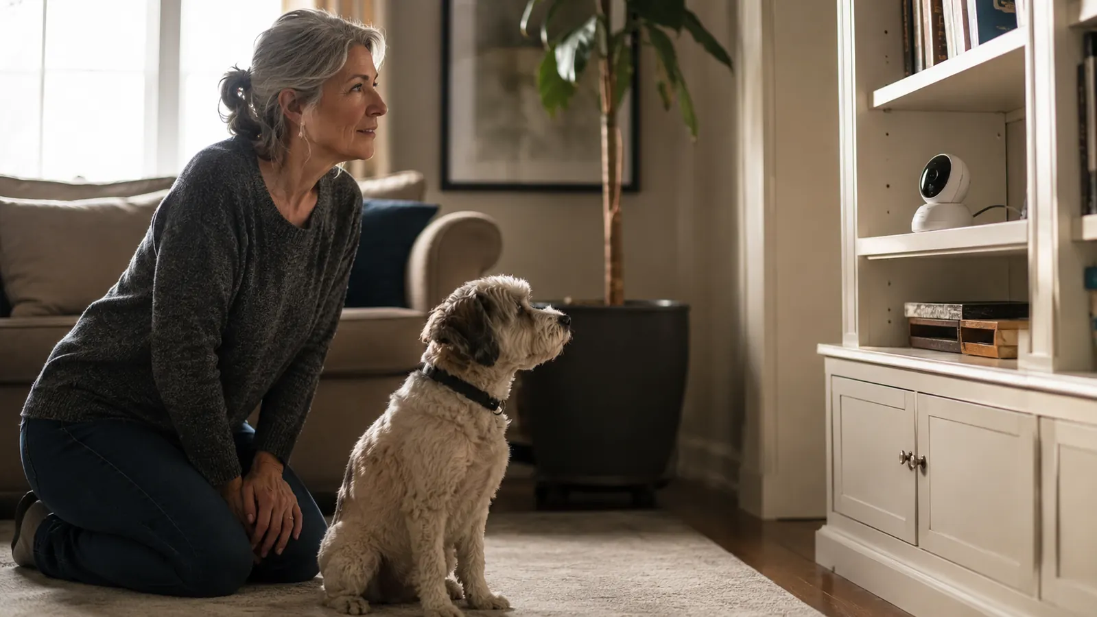 Dog sitting calmly on the floor looking at a Furbo camera mounted on a shelf, tail relaxed