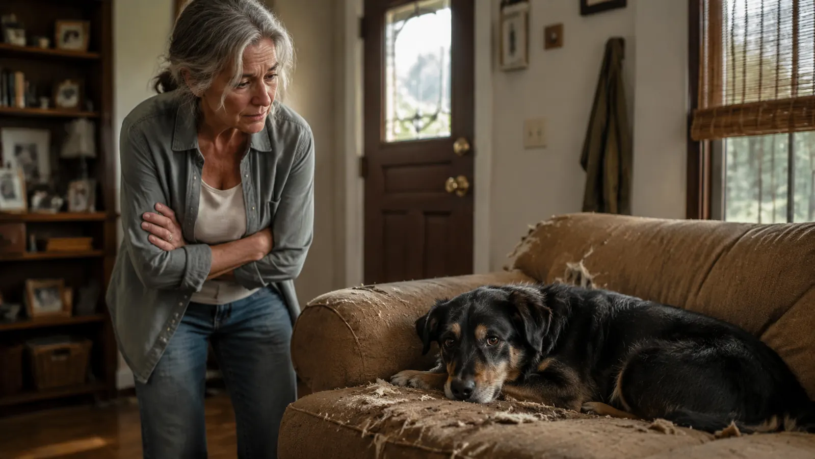 Dog lying on a chewed couch cushion near an entryway, looking toward the front door with visible anxiety