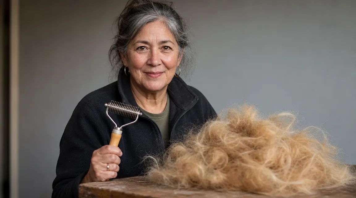 Double-sided pet grooming rake held in hand above a pile of golden dog fur removed in one session