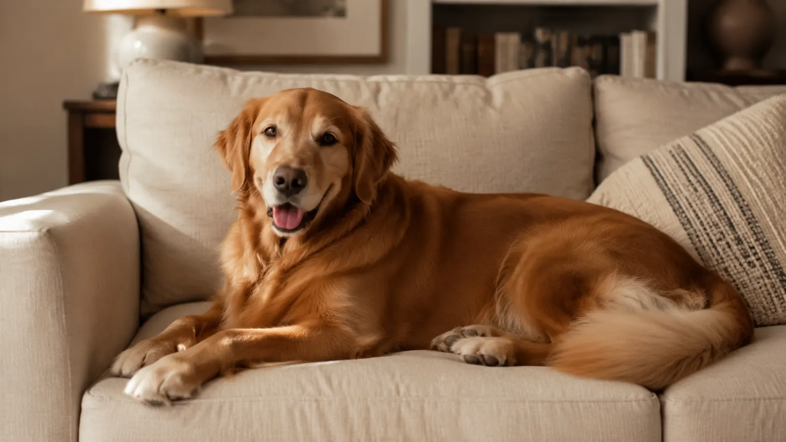 Golden retriever lounging on a clean cream-colored couch with no visible fur