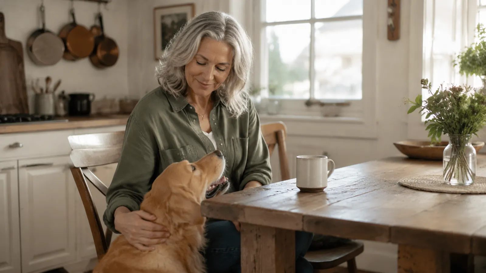 Person and golden retriever sitting at a kitchen table together in an easy, comfortable moment