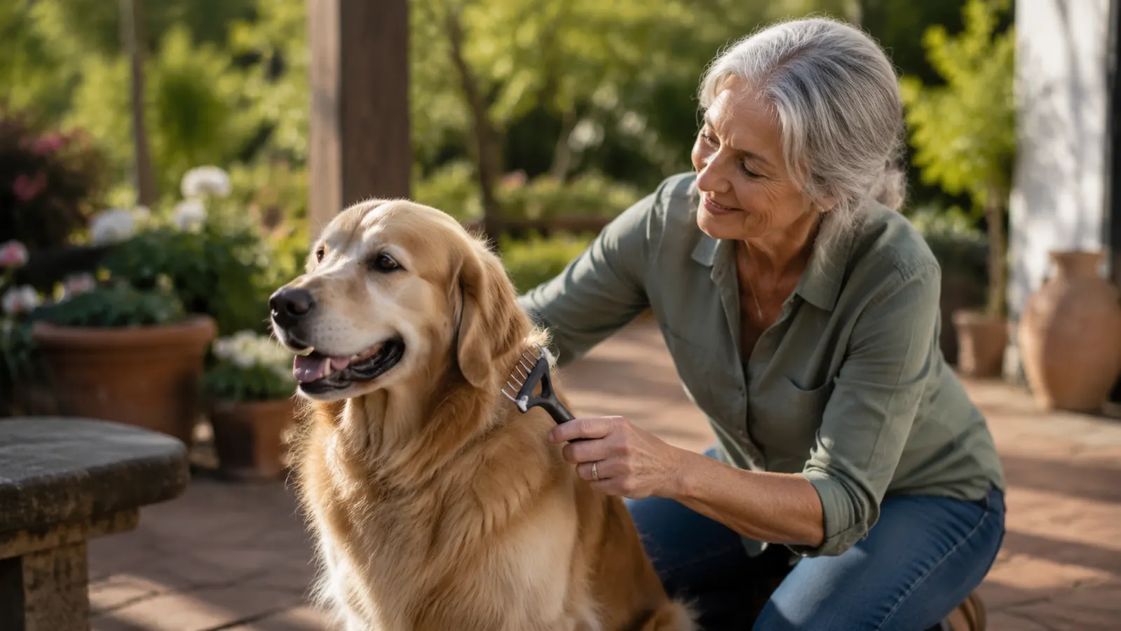 Golden Retriever sitting calmly in a sunny backyard while owner grooms with a rake brush