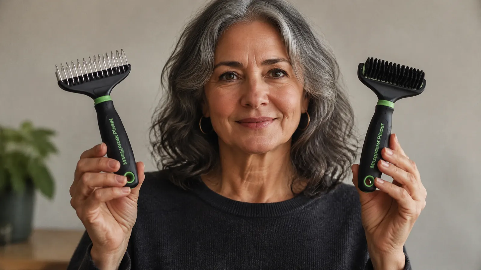 Double-sided grooming rake held in a hand showing the 9-tooth dematting side and the 17-tooth deshedding side