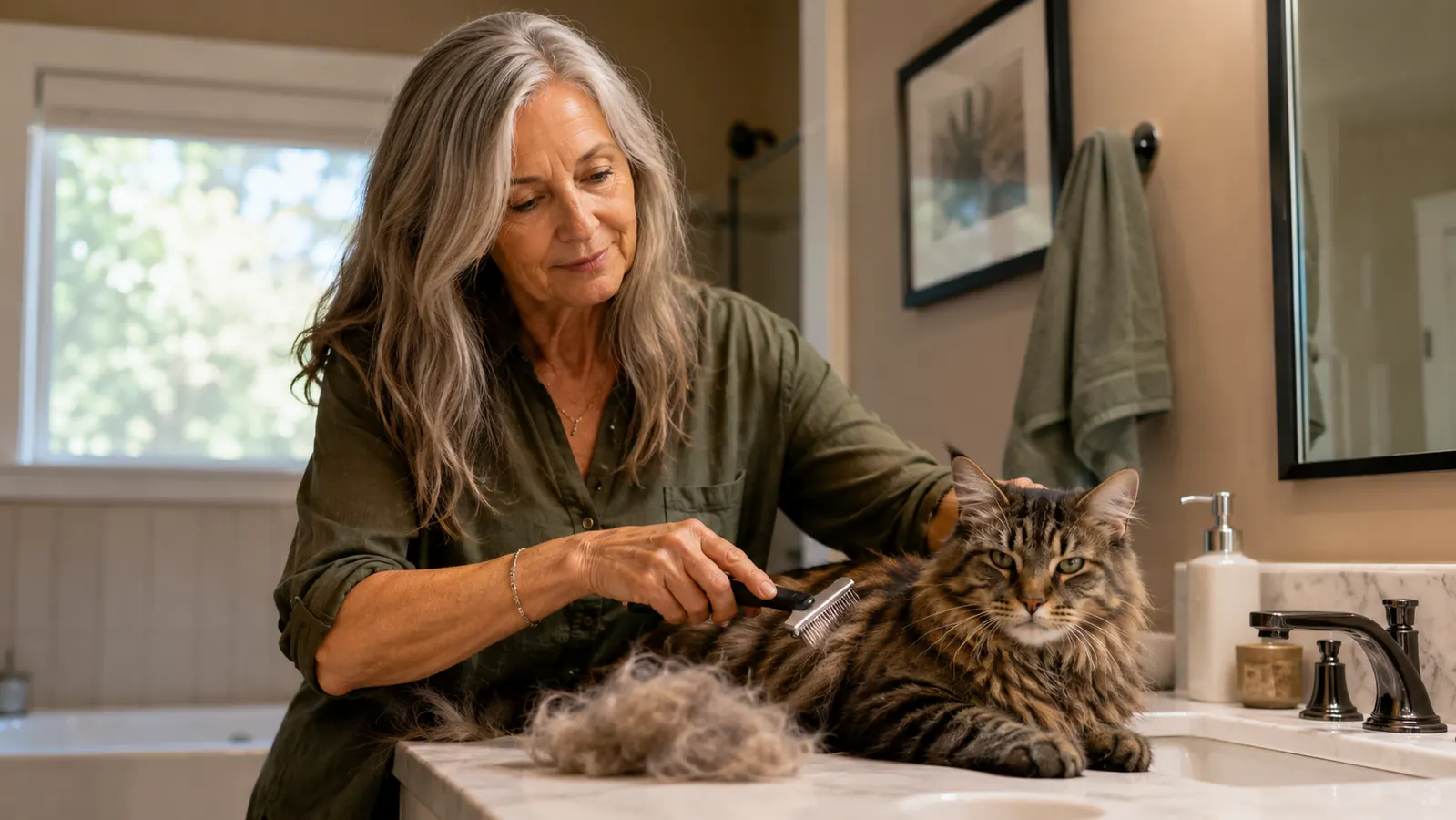 Cat being brushed with a grooming rake on a bathroom counter, pile of loose fur next to the brush