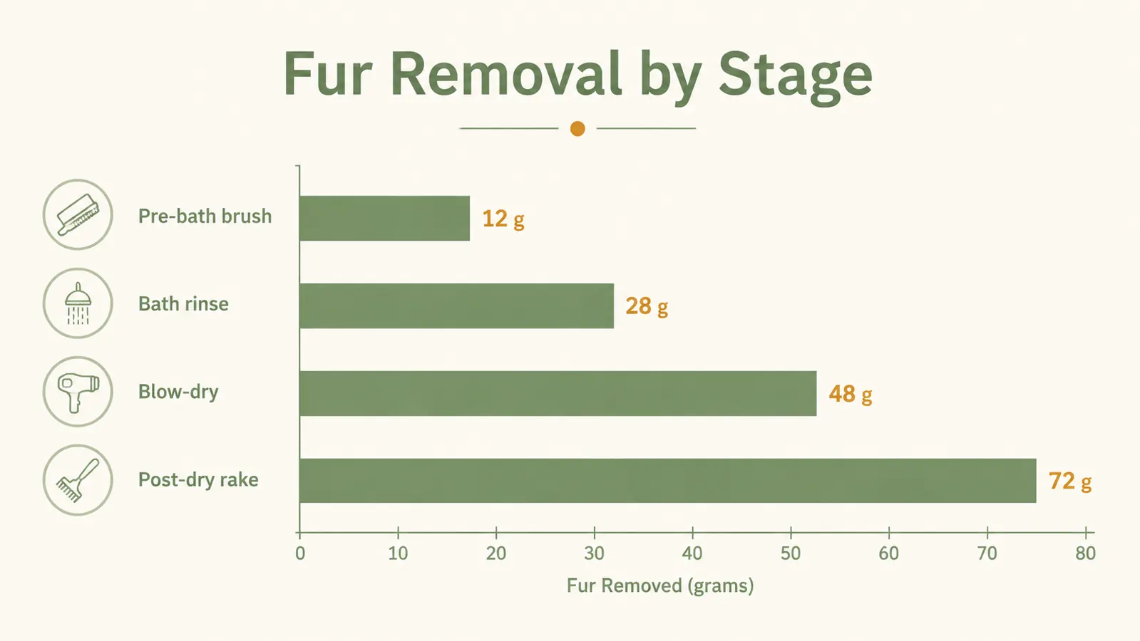 Chart showing how much loose fur is removed at each stage of the deshedding process: pre-bath brush, bath, blow-dry, post-dry rake
