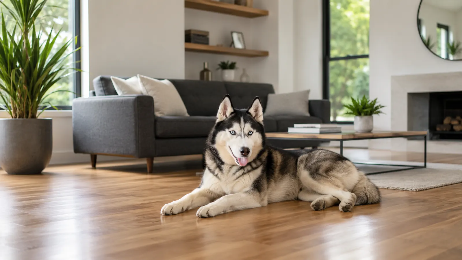 Clean living room with a Husky lying on a hardwood floor with no visible pet hair