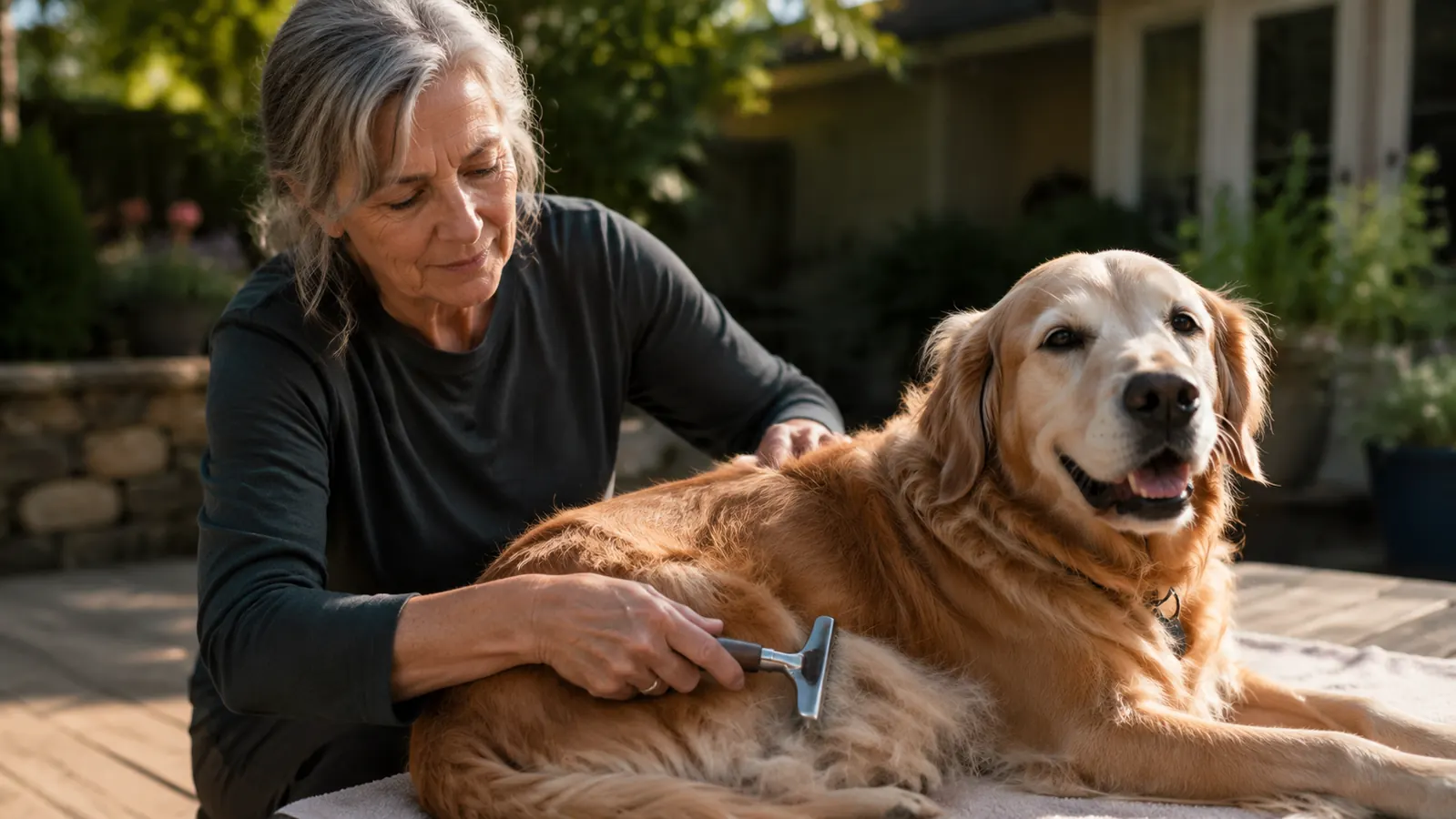 Golden Retriever sitting calmly on a towel while owner brushes out loose undercoat in a sunny backyard