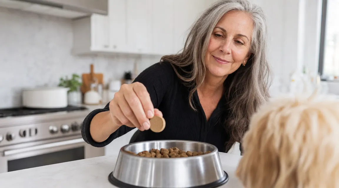 Close-up of a hand holding a Cosequin chewable tablet above a stainless steel dog food bowl filled with kibble