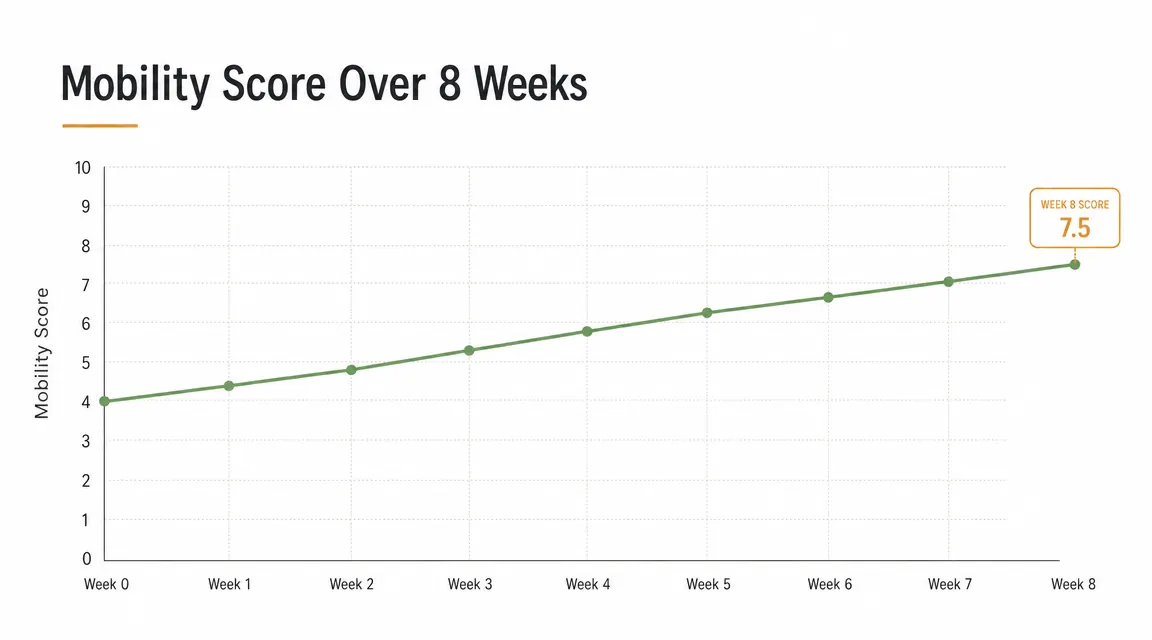Simple line chart showing gradual improvement in a dog mobility score over eight weeks, labeled Week 0 through Week 8