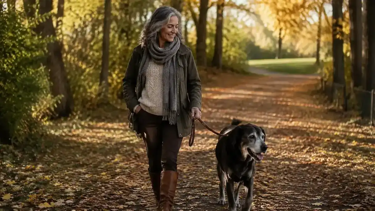 Middle-aged woman walking a gray-muzzled Labrador on a leaf-strewn path in a park on a clear autumn morning