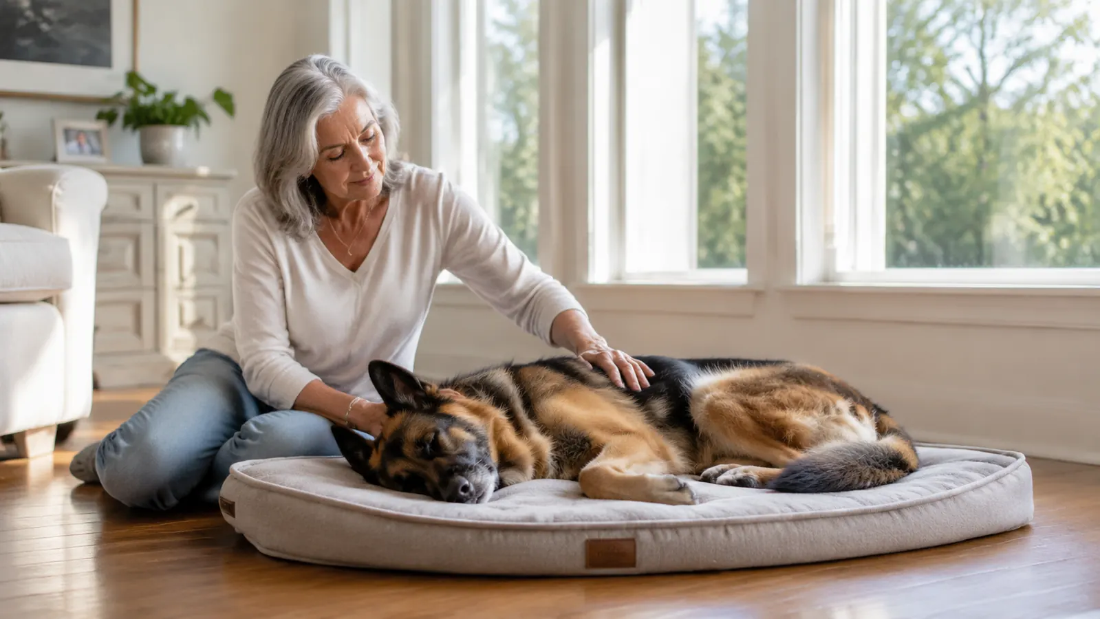Large dog resting comfortably on a thick memory foam orthopedic bed in a bright living room