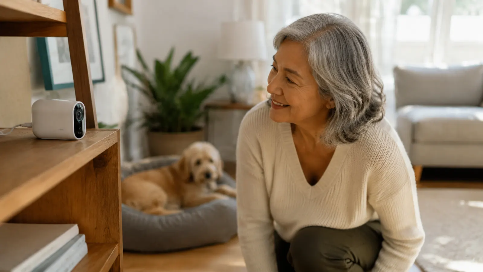 Furbo Mini 360 pet camera placed on a shelf at dog eye level pointing toward a dog bed