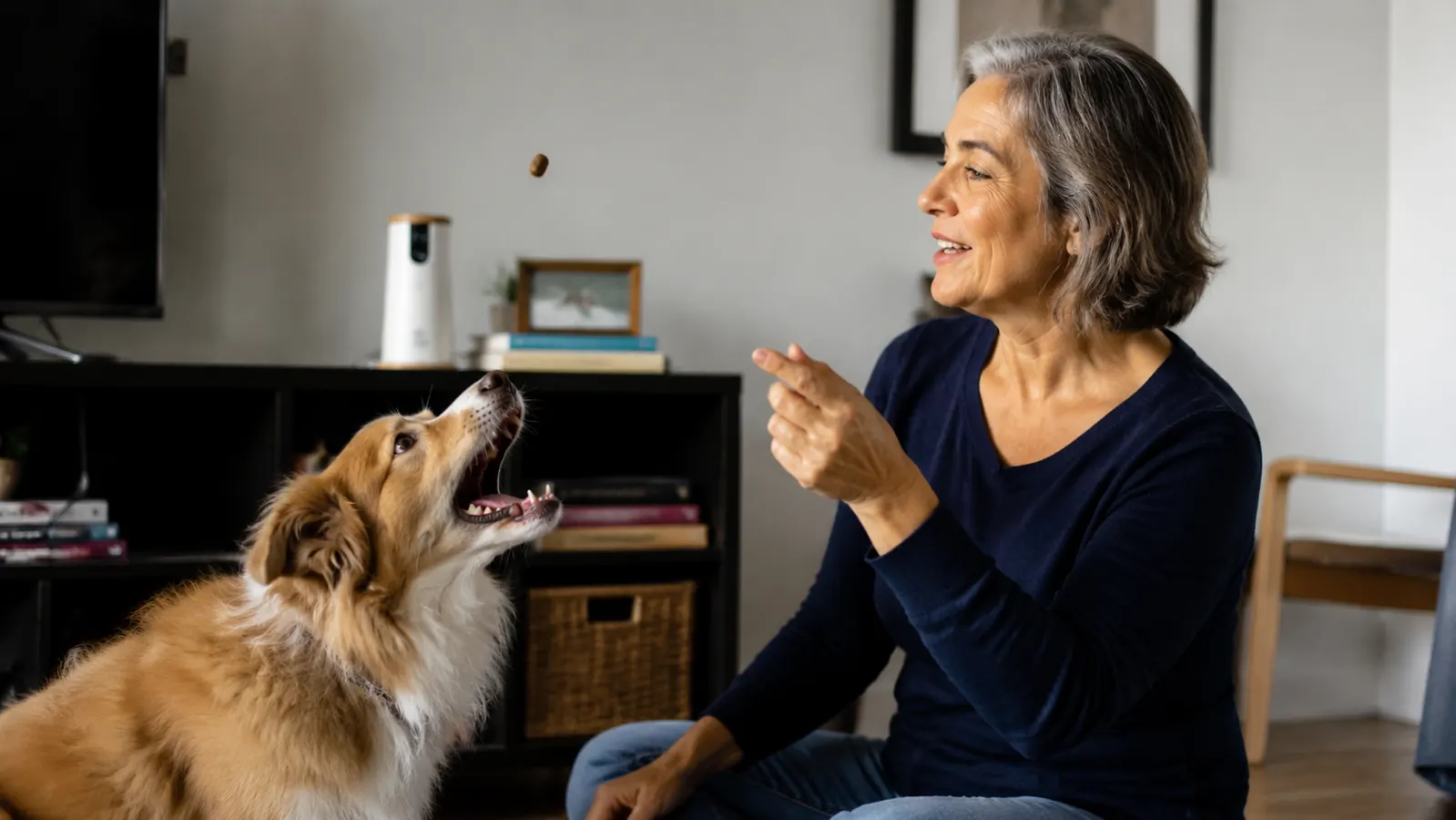 Dog looking up and catching a small treat tossed from a pet camera mounted on a shelf