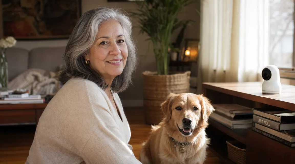 Dog sitting calmly near a pet camera on a bookshelf in a living room with morning light