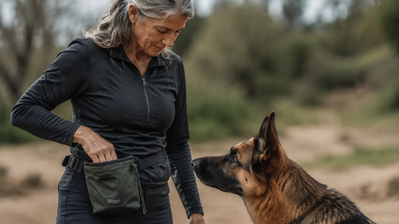 Trainer's hand reaching into a treat pouch clipped to their waist belt to deliver a treat to a sitting dog