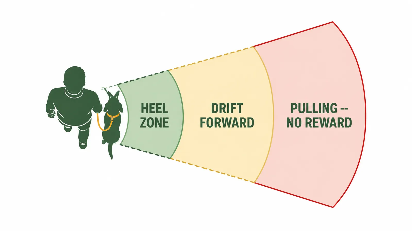 Diagram showing heel position zones relative to handler, with green zone at left hip and red zones ahead and behind