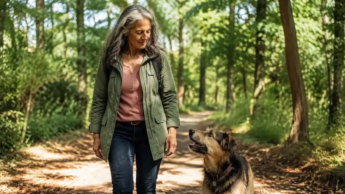 Dog and owner walking together on a park trail, dog looking up at owner in an attentive heel position