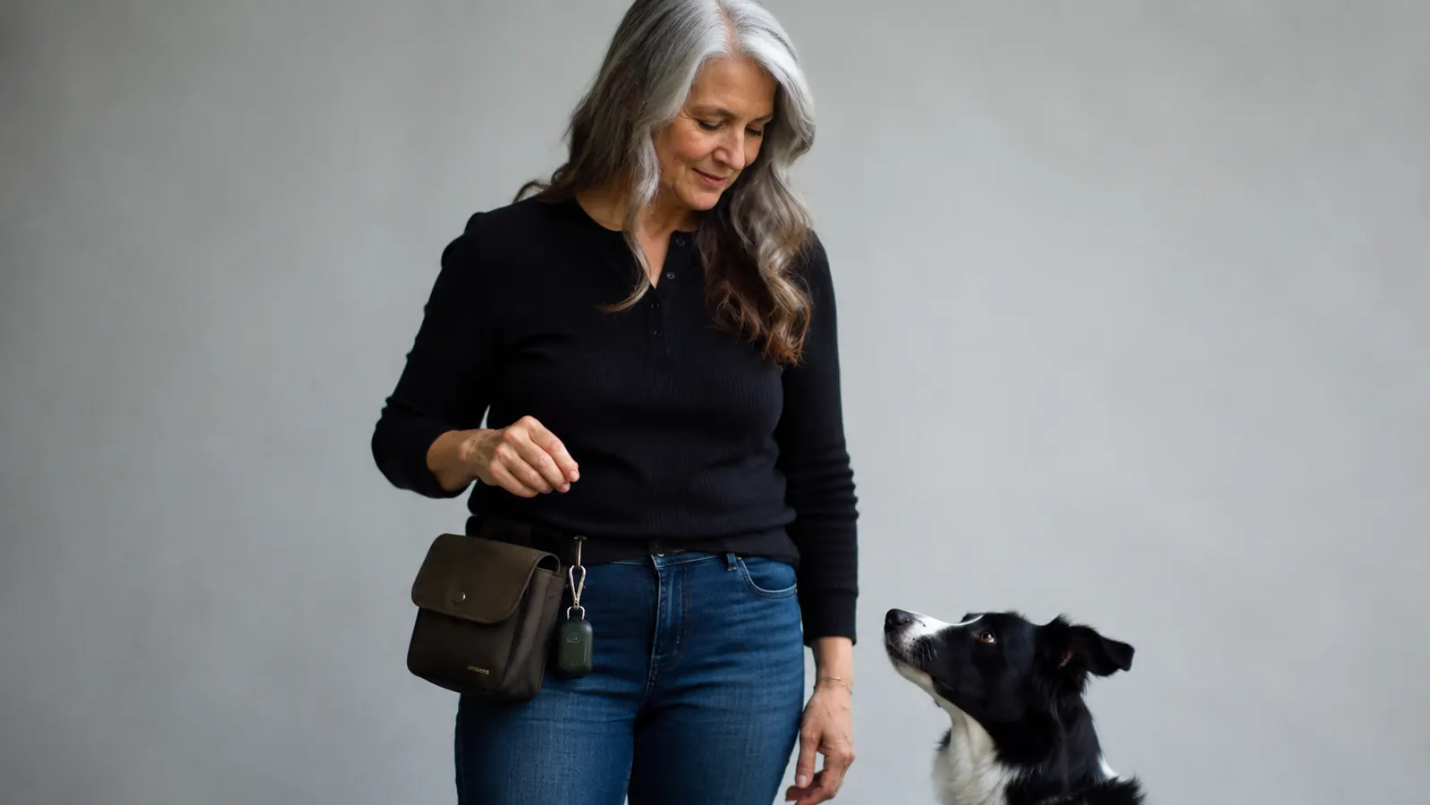 Treat pouch clipped to a waistband with a clicker looped to the side, shown against a white background