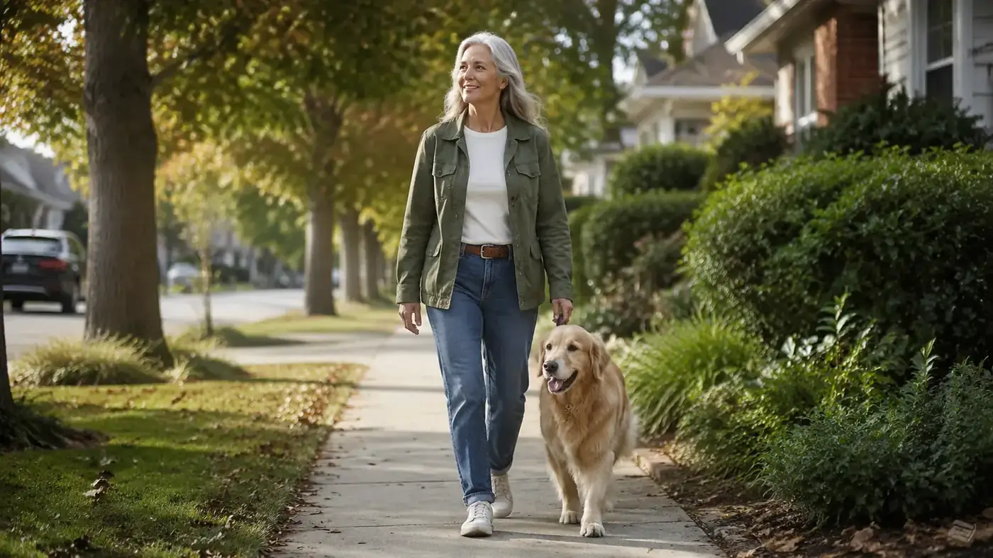 Person walking a medium-sized dog in loose-leash heel position on a suburban sidewalk in soft morning light