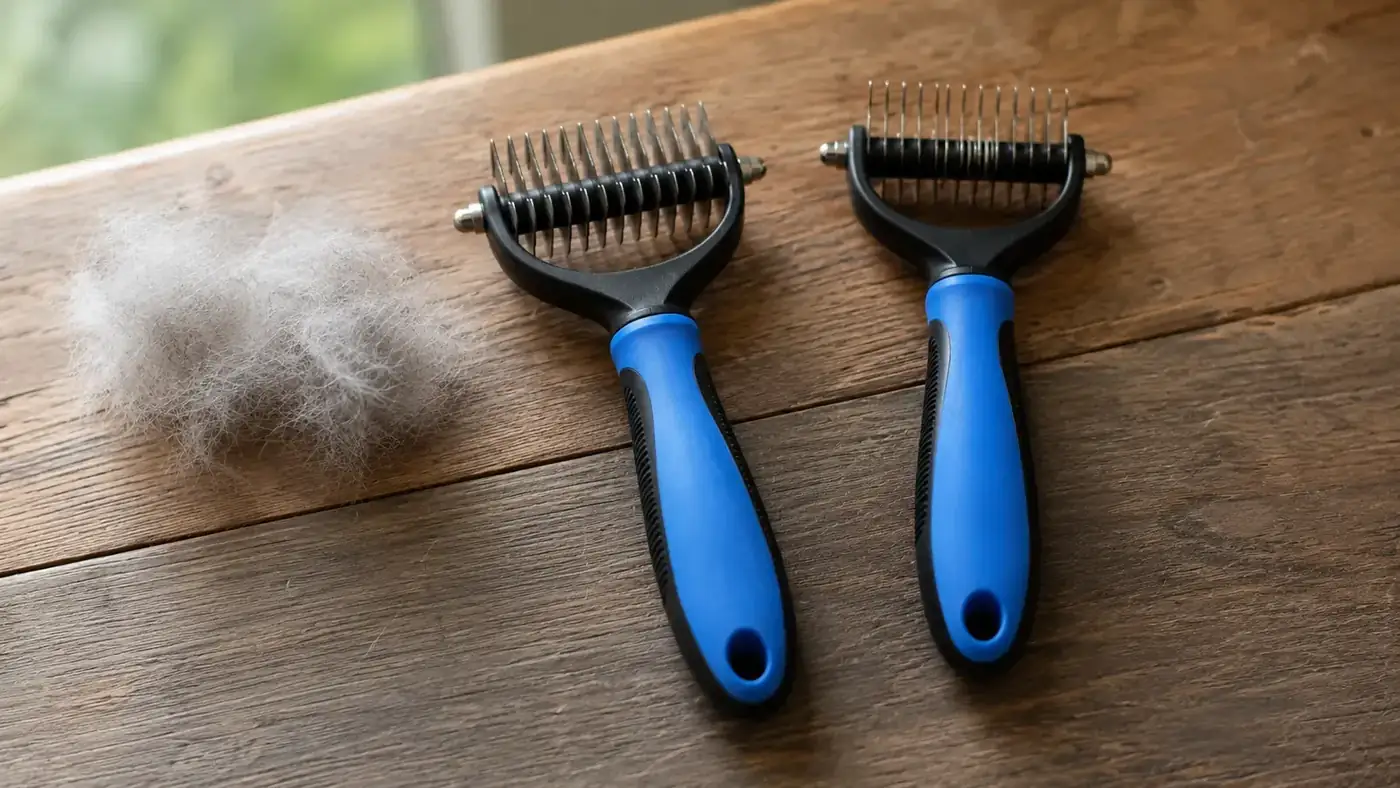 The Maxpower Planet rake showing the 9-tine dematting side next to the 17-tine deshedding side on a wooden surface