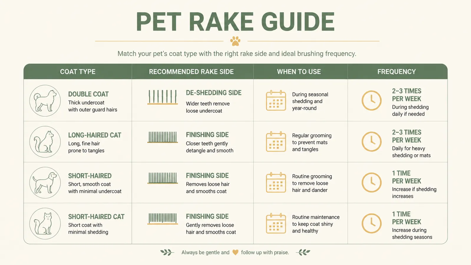 Chart comparing coat types and recommended rake side: double coats vs single coats, deshedding vs dematting use cases