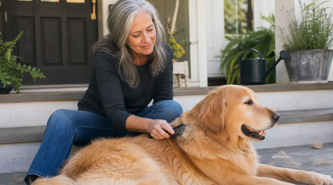 Dog owner gently raking a Golden Retriever's flank outdoors on a porch, loose fur drifting in the light