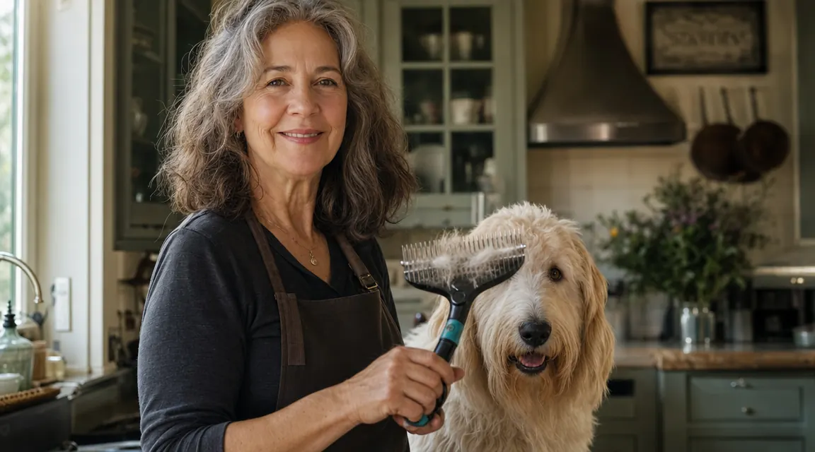 Close-up of a person holding the Maxpower Planet double-sided grooming rake against a fluffy dog's back, showing both sides of the tool