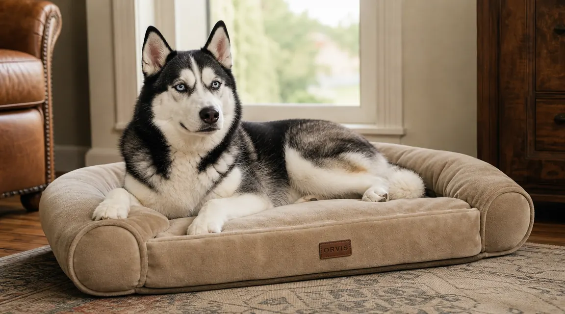 Husky lying relaxed on a dog bed after a grooming session, coat looking smooth and tidy