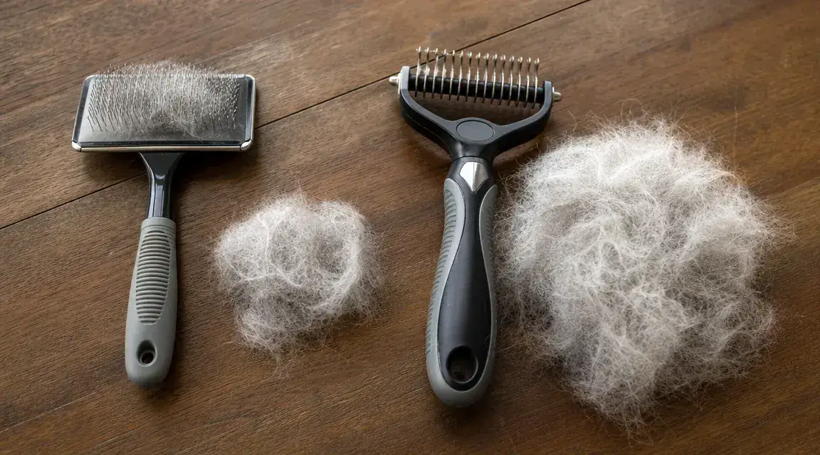 Side-by-side view of a clean brush on the left and the Maxpower Planet rake on the right, showing the volume of undercoat each removed from a dog session