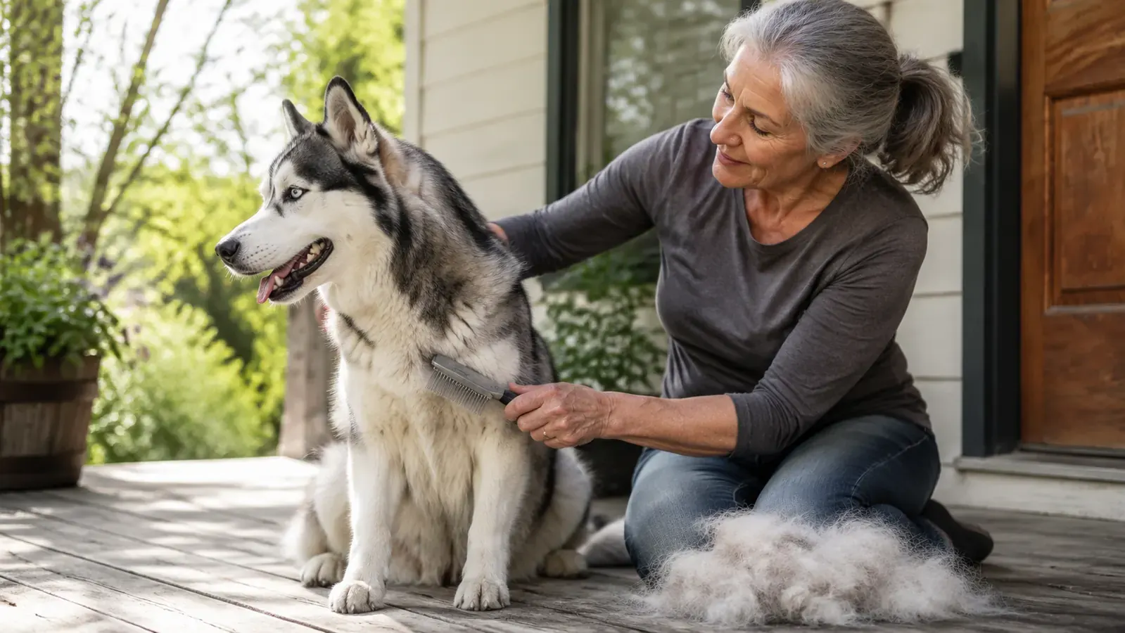 Siberian Husky sitting on a porch being groomed with a metal rake, soft morning light, large pile of fur beside the dog