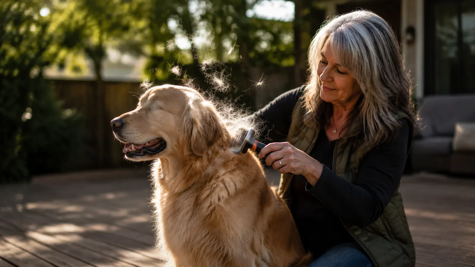 Golden retriever being brushed outdoors with a grooming rake, loose fur flying