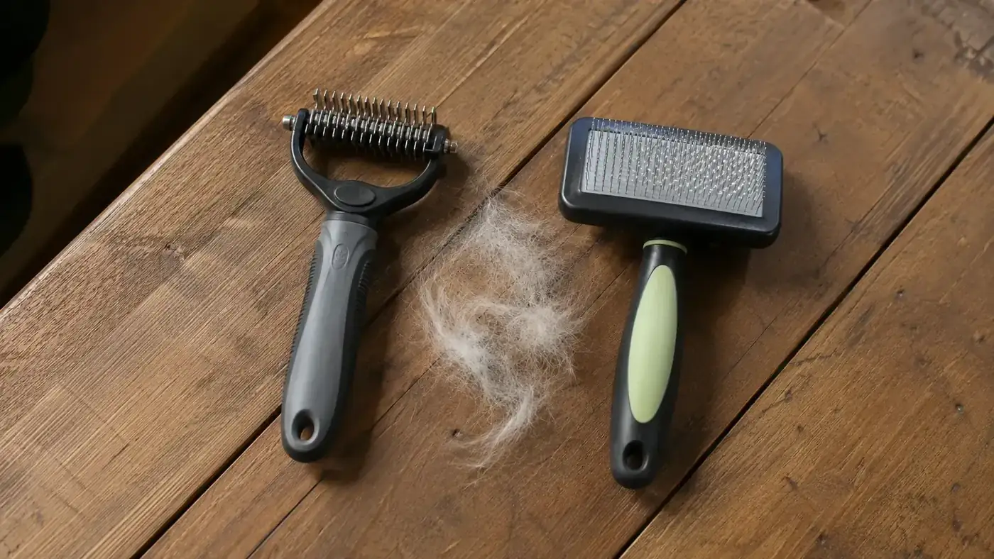 Two deshedding grooming tools side by side on a wooden surface with pet fur between them