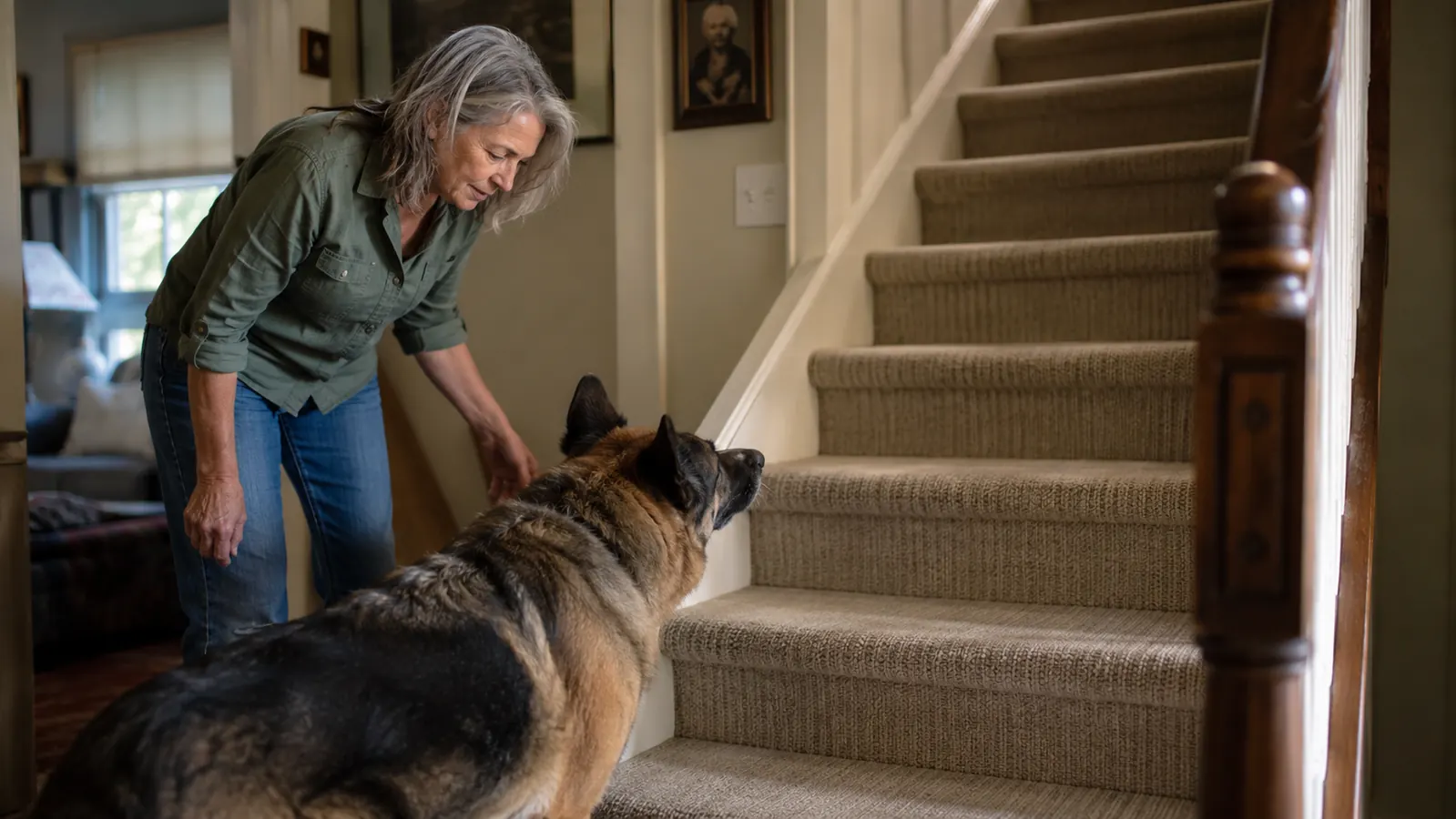 Senior German Shepherd walking slowly up a set of indoor stairs