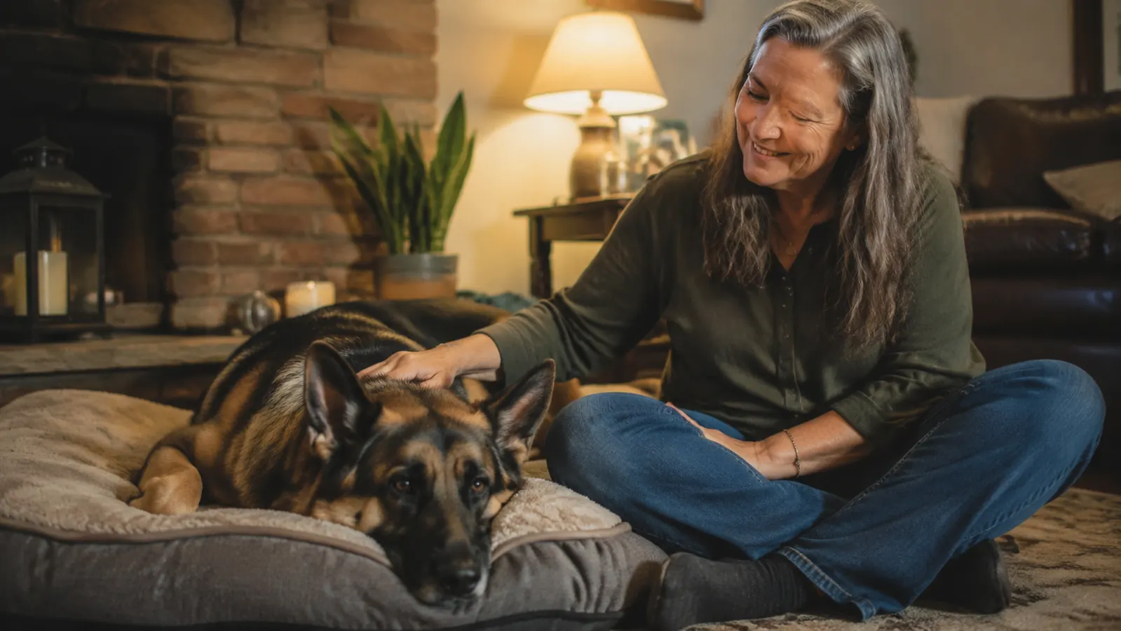 Dog owner sitting on the floor next to a German Shepherd resting comfortably on an orthopedic bed