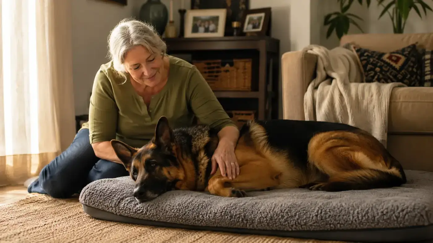 Large German Shepherd lying on a thick orthopedic dog bed in a sun-lit living room